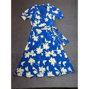 Tommy Hilfiger Blue Floral Midi Wrap Dress Puff Sleeve Belted Women's Size 8